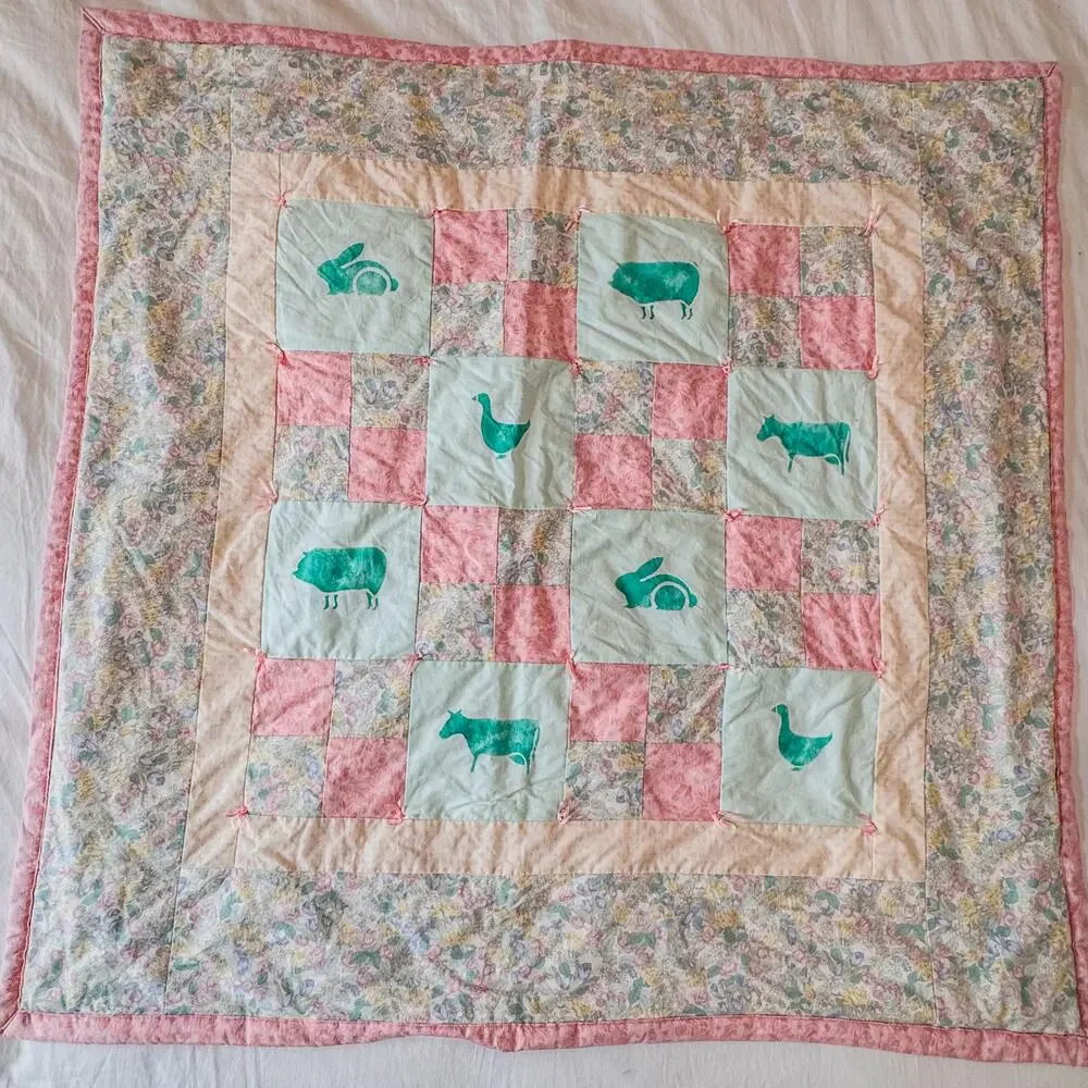 Vintage Handmade Patchwork Pink/Cream Baby Quilt w/ Teal Farm Animal, 40